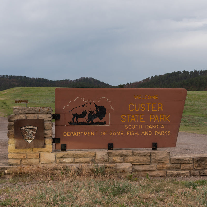 Custer State Park entrance sign with field and forest in background