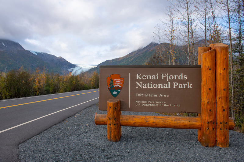 Entrance Sign Near Exit Glacier in Kenai Fjords National Park Alaska