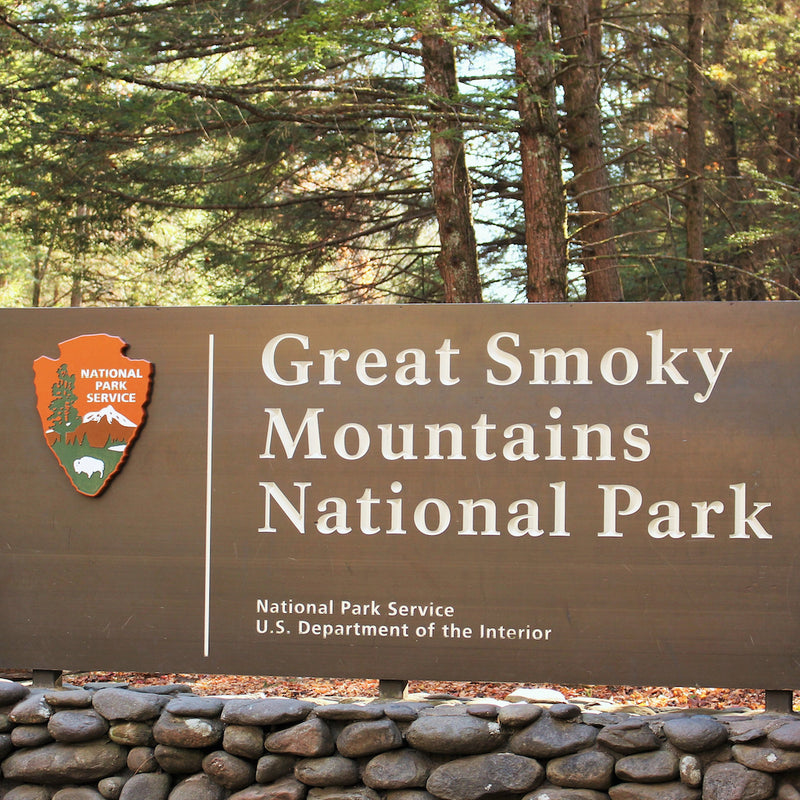 Great Smoky Mountains National Park sign with surrounding trees and sunshine in background