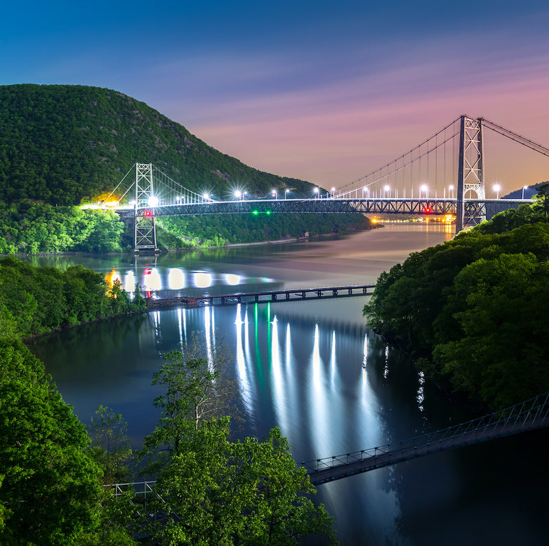 Hudson River Valley View of Bear Mountain Bridge at Night With Lights