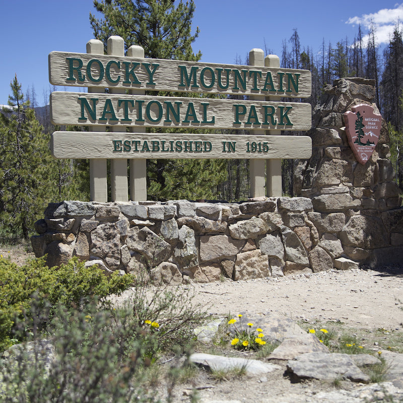 Rocky Mountain National Park sign in the woodlands