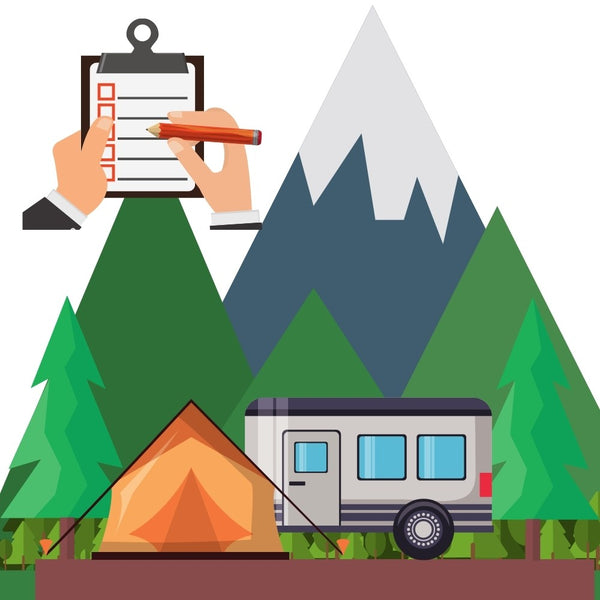 RV Camping Graphic With Mountains And List With Hands
