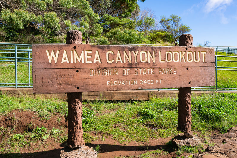 Waimea Canyon Lookout Sign in Waimea Canyon State Park Hawaii